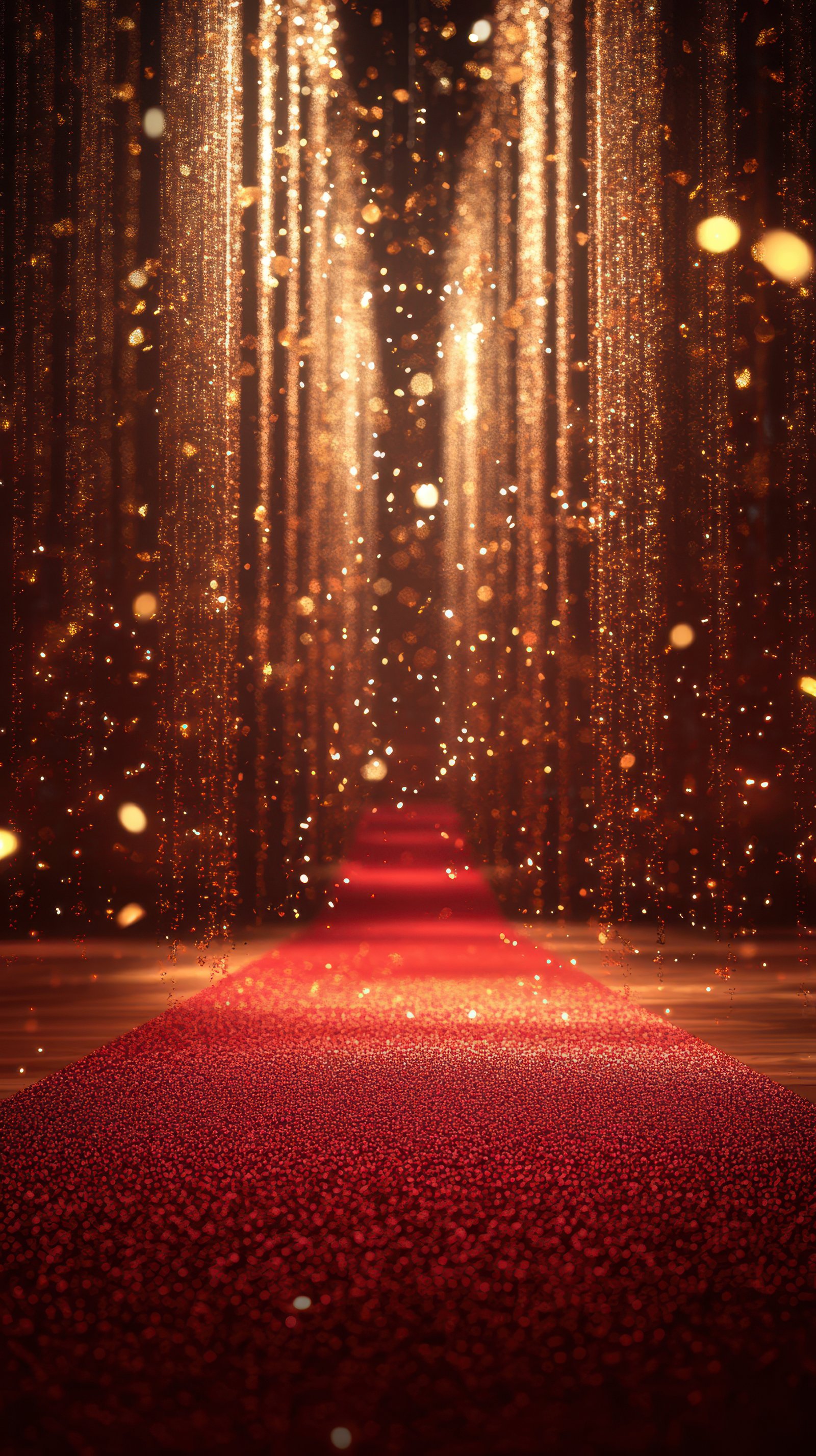 Elegant red carpet path illuminated by sparkling lights in a luxurious event setting during a festive evening